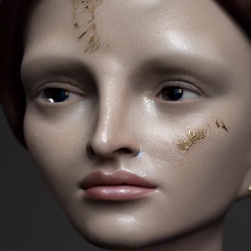 Prompt: portrait of an incredibly realistic porcelain woman. Gold veins. Macro details. 8k. Octane render.