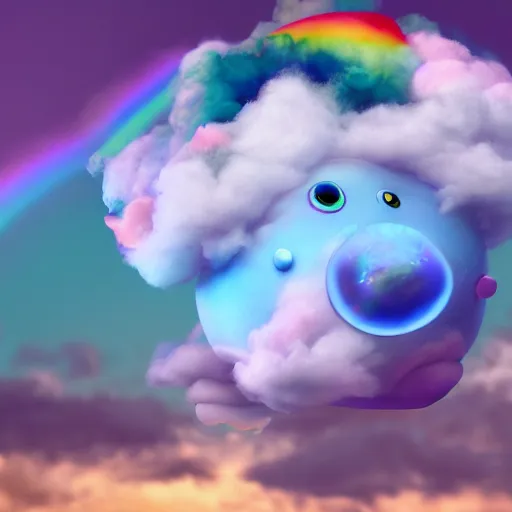 Image similar to cutest huge fantasy cloud animal, with sprouting rainbow hair, hd, japanese anime artist drawn, dlsr, dream animal cute eyes, trending on artstation, cotton candy, octane render, cinematic