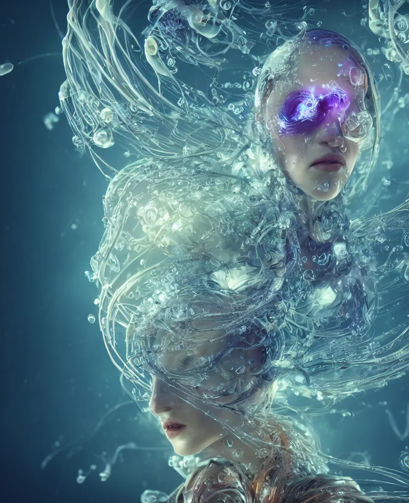 Image similar to close-up macro portrait of the face of a beautiful princess, epic angle and pose, symmetrical artwork, 3d with depth of field, blurred background, cybernetic jellyfish female face skull phoenix bird, translucent, nautilus, energy flows of water and fire. a highly detailed epic cinematic concept art CG render. made in Maya, Blender and Photoshop, octane render, excellent composition, cinematic dystopian brutalist atmosphere, dynamic dramatic cinematic lighting, aesthetic, very inspirational, arthouse. y Greg Rutkowski, Ilya Kuvshinov, WLOP, Stanley Artgerm Lau, Ruan Jia and Fenghua Zhong