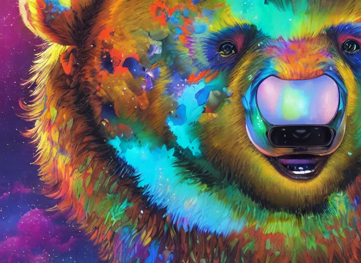 Prompt: a psychedelic bear mascot for a children's show, by takehiko inoue and kim jung gi and hiroya oku, by thomas kinkade and greg rutkowski and ilya kuvshinov, masterpiece illustration, ultrarealistic, perfect face and anatomy, golden ratio