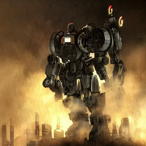 Image similar to mecha made from car parts, dark messy smoke - filled cluttered workshop, dark, dramatic lighting, orange tint, cinematic, highly detailed, sci - fi, futuristic, movie still from blade runner