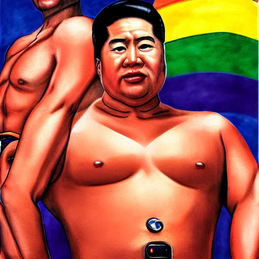 Image similar to lgbt art, tom of finland style, mao zedong, in billy herrington body, art in 4 k, high quality