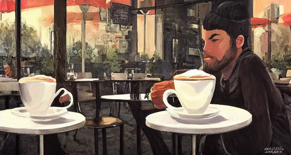 Prompt: Enjoying a cappuccino at the Café while reading the newspaper at golden hour. Beautiful Stylized Digital illustration. Trending on artstation. 4k. HDR. Messy speedpainting. fantastic lighting. Epic. Classic, masterpiece, masterstroke, perfection, magnum opus, showpiece, cream of the crop, masterwork, pièce de résistance, outstanding, feature, centerpiece, great, amazing, incredible, intriguing, wonderful, glorious, feat of artistic achievement, highlight, the best, out of this world, beyond reproach, without fault.