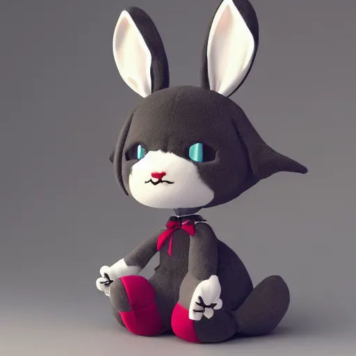 Image similar to cute fumo plush bunny girl, floppy ears, gothic maiden, alert, furry anime, smiling widely, vray