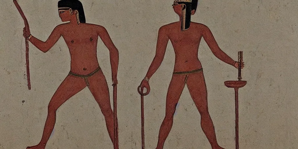 Image similar to Egyptian drawing of a man using a shake weight, ancient, photorealistic