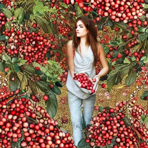 Image similar to Persephone surrounded by pomegranates, beautiful, modern