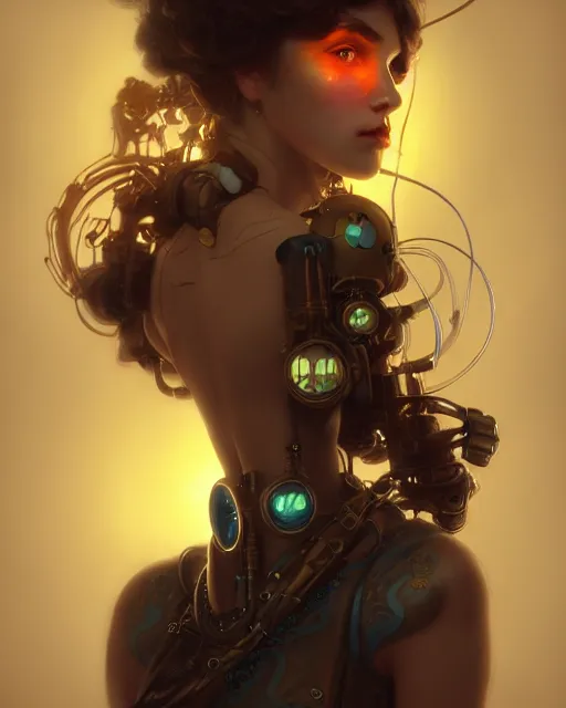 Prompt: one singular portrait of a cute bioluminescent steampunk girl, highly detailed, digital painting, moody cinematic lighting, hyperrealism, dark retrowave, art by stanley lau and artgerm and magali villeneuve and alphonse mucha, artstation, octane render, cgsociety