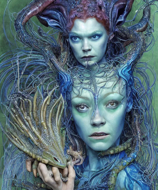 Prompt: portrait photograph of a fierce sadie sink as an alien harpy queen with slimy amphibian skin. she is trying on evil bulbous slimy membrane fetish fashion and transforming into a blue fiery succubus amphibian villian medusa. by donato giancola, walton ford, ernst haeckel, brian froud, hr giger. 8 k, cgsociety
