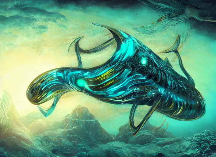 Prompt: an underwater creature no one has ever seen before, bioluminescence, digital art, trending on artstation, detailed