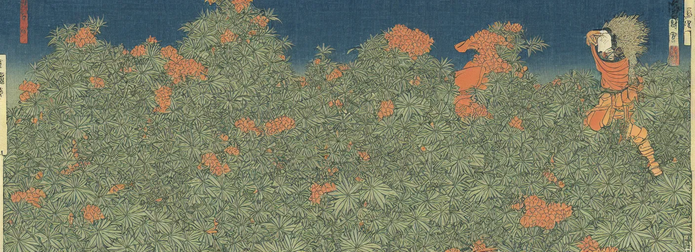 Prompt: full armored knight sitting in a huge field of cannabis plants, katsushika hokusai, high details, colorful, atmospheric light