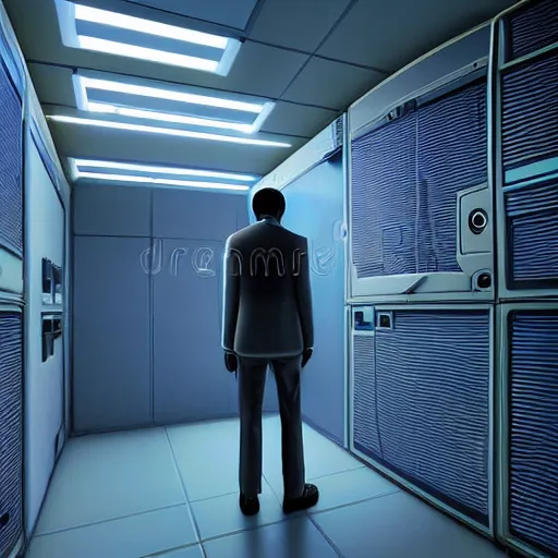 Image similar to hyperrealism colour detailed photography by stanley kubrick of highly detailed stylish humanoid robot system administrator from 2 3 2 2 year style by gragory crewdson and katsuhiro otomo, mike winkelmann with many details by josan gonzalez working at the detailed data center by laurie greasley hyperrealism stock photo on dsmc 3 system volumetric led light