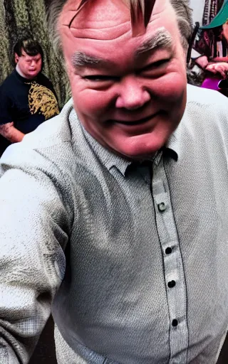 Image similar to Stewart Lee wearing Mongolian armor, high angle, iPhone selfie