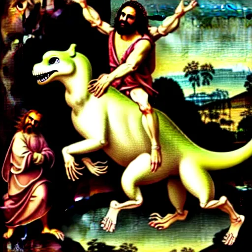 Image similar to Jesus riding a t-rex, renaissance painting, in the style of rococo, extremely detailed