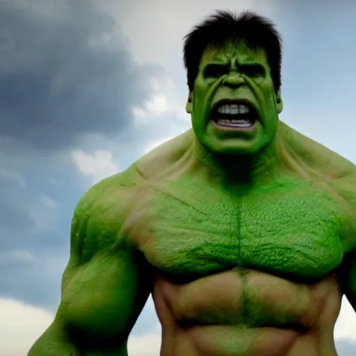 Image similar to a still frame of nicholas cage as the hulk, from the 2 0 1 2 film the avengers