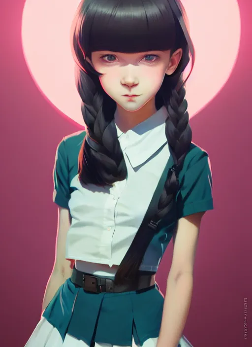 Image similar to full body beautiful and cute and aesthetic school girl greeting, very slightly smiling, wave a hand at the camera, perfect face, symmetric eyes, sharp focus, specular reflection, occlusion shadow, artstation, by ilya kuvshinov and jeremy lipking, light novel cover art, 3 d epic illustrations, symmetric body