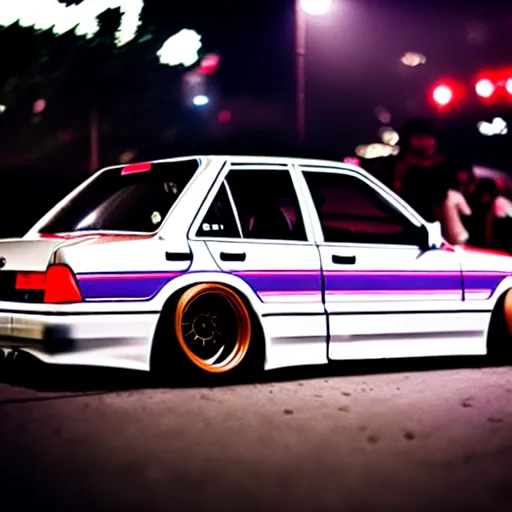 Prompt: a car 190E turbo drift at illegal car meet, Shibuya prefecture, midnight mist lights, cinematic color, photorealistic, highly detailed wheels, highly detailed