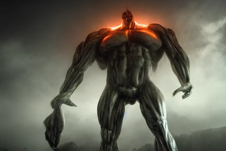 Prompt: a giant titan made of muscles and metal, very angry, misty, foggy, ambient light, terror, glows, realistic, photo-realism, hyper realism, picture,