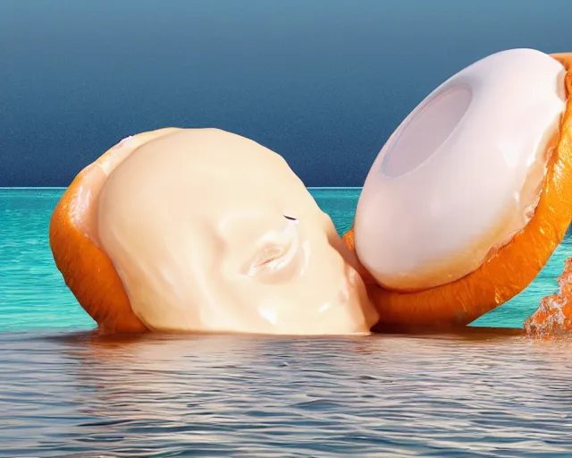 Prompt: a massive porcelain sculpture of a squashed human face and a giant jelly donut on the ocean water, cinematic, hyper - realistic, very detailed, realistic water splashes, ray tracing, 8 k resolution, long - shot, sharp focus, low angle, 8 5 mm photograph, wide lens