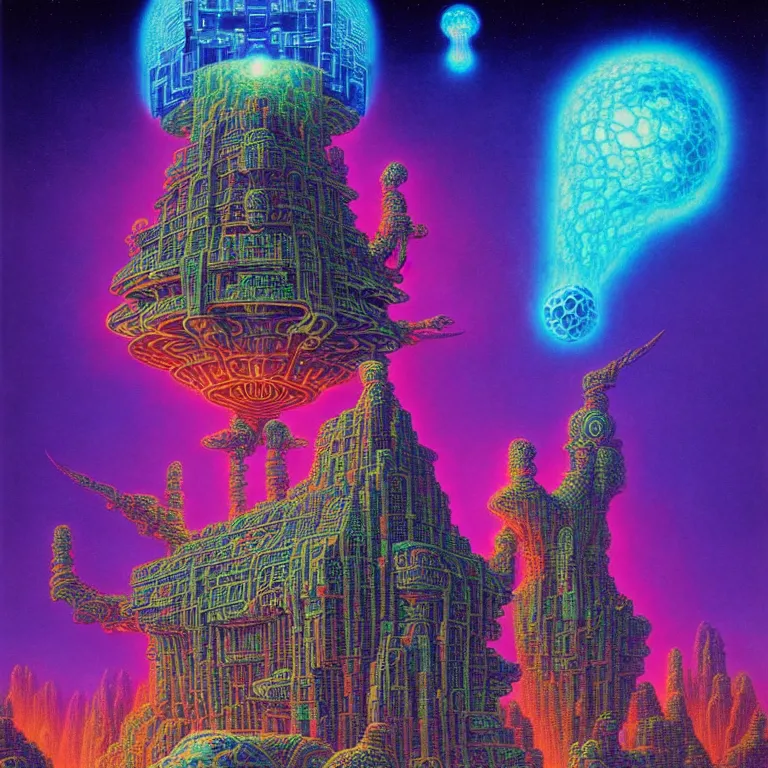 Image similar to mysterious satellites over epic mystical skull temple, infinite fractal tesseract, quantum waves, synthwave, bright neon colors, highly detailed, cinematic, tim white, vladimir kush, philippe druillet, roger dean, bob eggleton, michael whelan, boris vallejo, kubrick