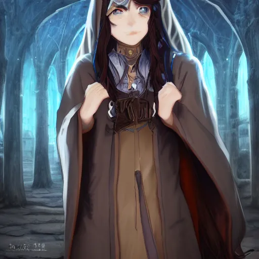 Prompt: A female wizard with long brown hair wearing a blue hood and blue robe exploring a dark and sinister medieval village, fantasy setting, seinen anime art, professional digital painting, extremely detailed, ranked number 1 on pixiv