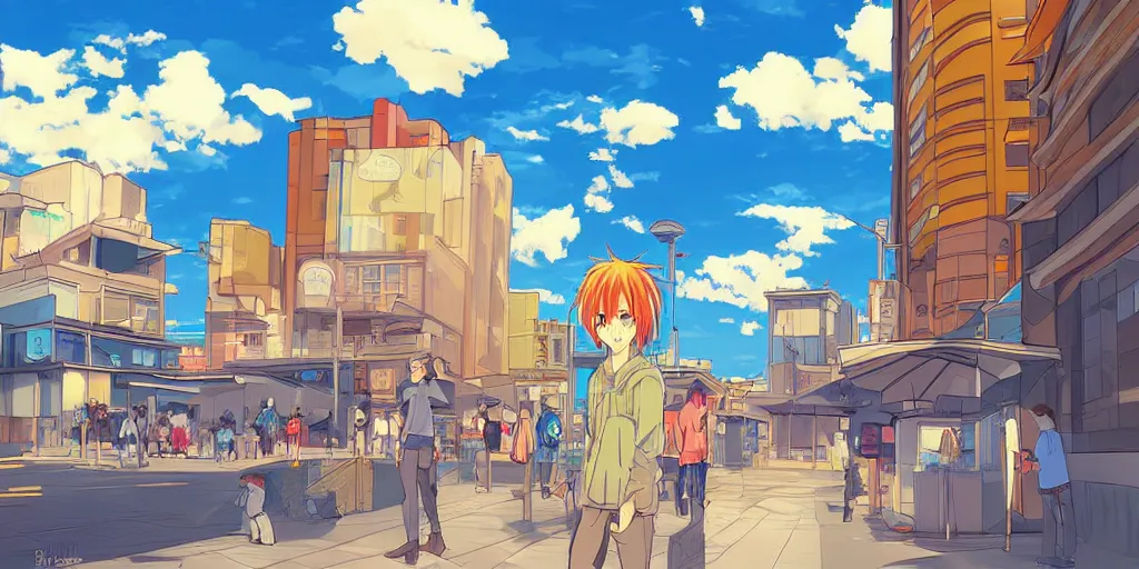 Prompt: a beautiful digital drawing of a bright day in a city, anime styled, digital painting, blue sky, clouds