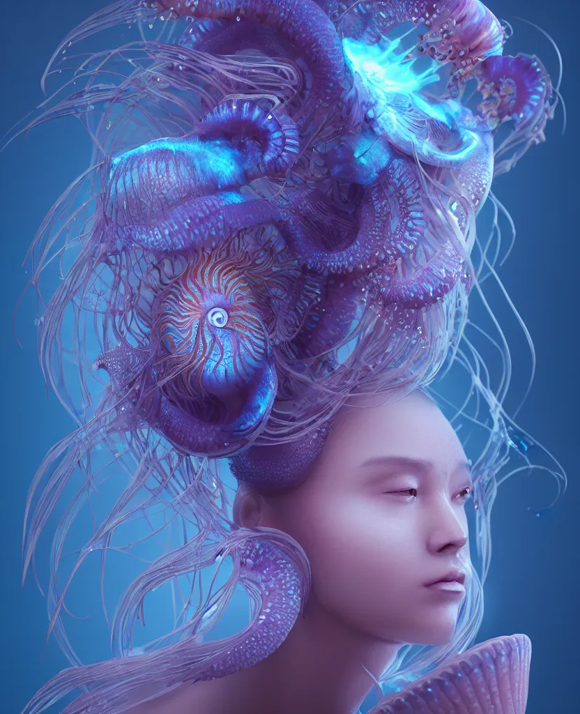 Image similar to goddess close-up portrait. orchid jellyfish phoenix head, nautilus, skull, betta fish, bioluminiscent creatures, intricate artwork by Tooth Wu and wlop and beeple. octane render, trending on artstation, greg rutkowski very coherent symmetrical artwork. cinematic, hyper realism, high detail, octane render, 8k