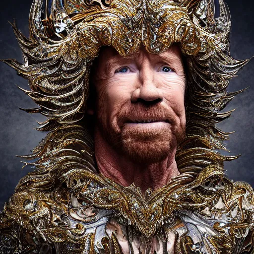 Prompt: 8 5 mm f 1. 8 photograph of chuck norris wearing an ornate costume by iris van herpen, highly detailed, digital painting, artstation, smooth, sharp foccus, commercial photography, fashion shoot