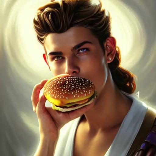 Image similar to portrait of ronaldo eating hamburgers, extra onions and ketchup, luscious patty with sesame seeds, feminine ethereal, handsome, d & d, fantasy, intricate, elegant, highly detailed, digital painting, artstation, concept art, matte, sharp focus, illustration, art by artgerm and greg rutkowski and alphonse mucha