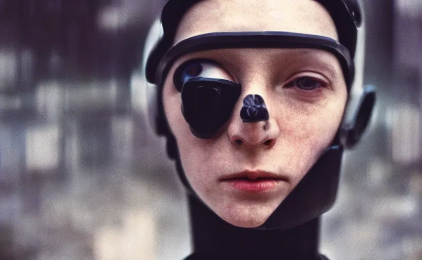 Image similar to cinestill 5 0 d candid photographic portrait by helen levitt of a feminine male android wearing black techwear on a brutalist dystopian spaceship, extreme closeup, modern cyberpunk moody emotional love cinematic, garden terraces solar storm, 8 k, hd, high resolution, 3 5 mm, f / 3 2, ultra realistic faces, ex machina