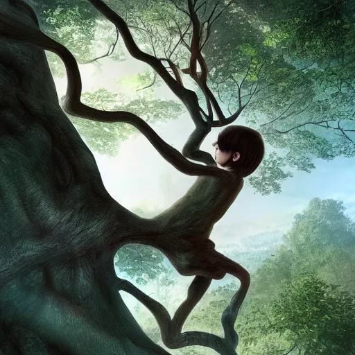 Prompt: a child climbing beautiful giant tree growing in the middle of an old and vast Victorian library. dramatic light, 4K, fantasy art, ultra-realistic