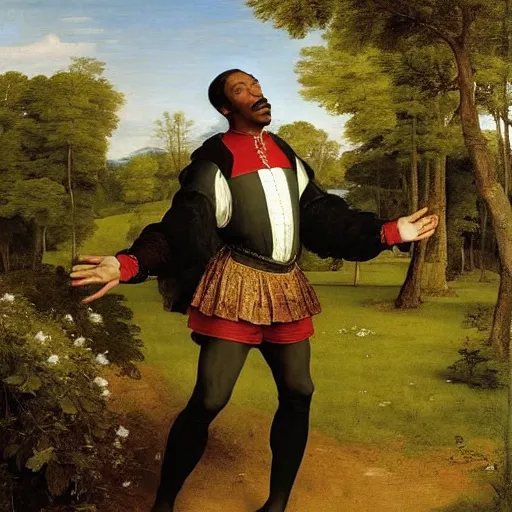 Image similar to renaissance portrait of Eddie Murphy by a meadow in a forest, masterpiece by Eugene de Blaas