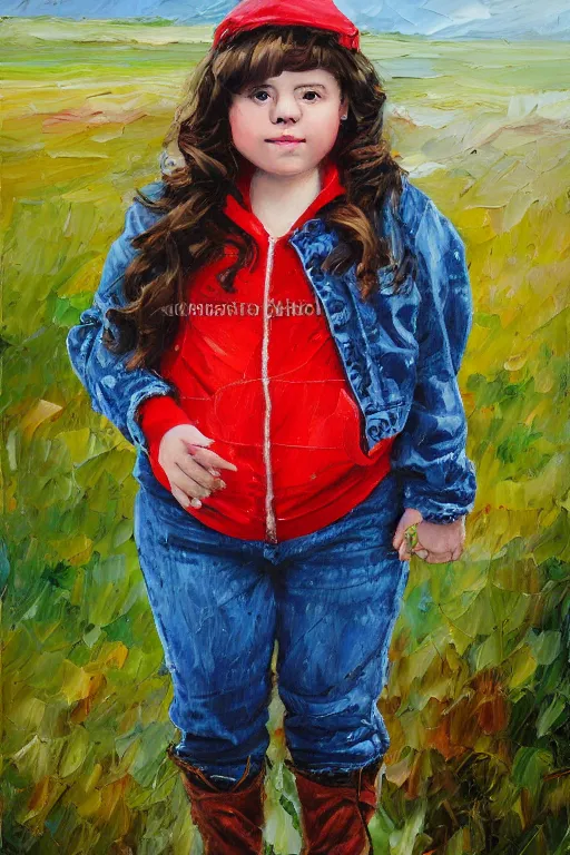 Image similar to palette knife oil painting portrait of nellie, a small figured young woman in her 2 0 s, dressed like a country bumpkin : jeans, boots, a pointy bright red hoodie. extreme detail, artstation trending, artgerm, any racial background, deviant art, octane, substance, art history 8 k