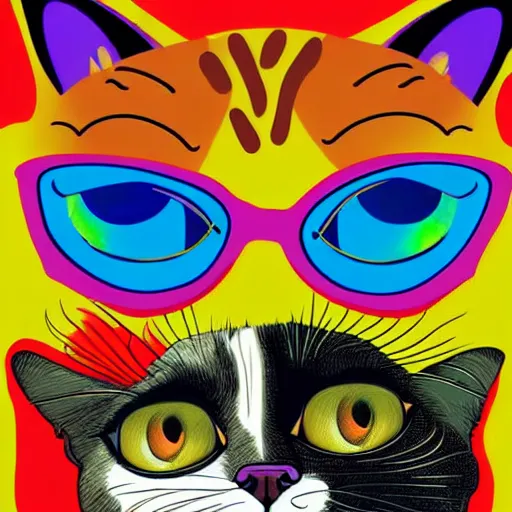 Prompt: a cat wearing a fake mustache, rainbows, bright colors, psychedelic, fish eye lens, vector art, fantasy poster by helen huang and frank frazetta and salvador dali and norman rockwell,