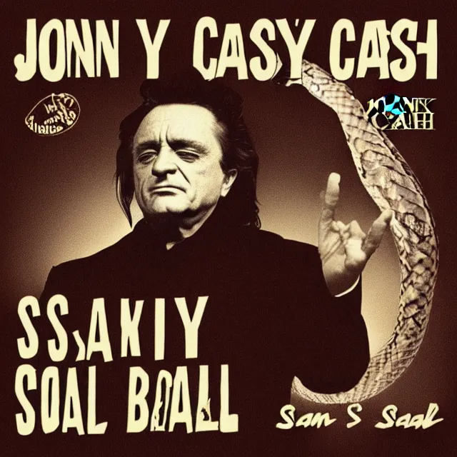 Prompt: album cover for Johnny Cash: The Snake Oil Tapes, album art by Snake Oil Sam, snake 'er up
