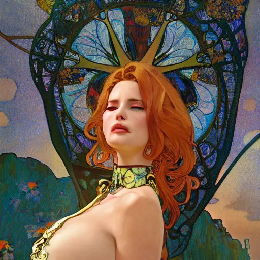 Prompt: Ashley Alban drawn by Robert McGinnis and Julie Bell and Zeronis and alphonse mucha, background by James Jean and gustav klimt, 4k, sunny day, volumetric lighting, french nouveau, trending on artstation, octane render, hyperrealistic