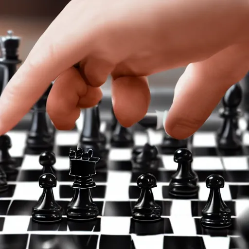 Image similar to a photo, an aggressive robot hand grabbing a human hand over a chess board