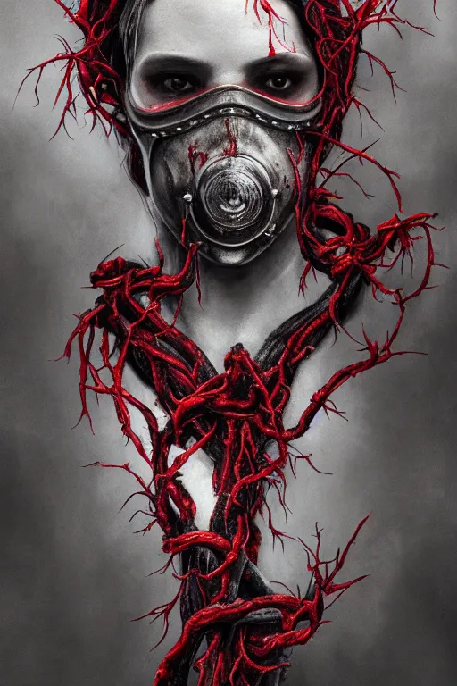 Image similar to realistic portrait beautiful detailed matte painting of cinematic movie scene a zombie with a gas mask, tentacles, black and red, thorns, vines, horror, created by gustave dore and greg rutkowski, high detailed, smooth draw, synthwave neon retro, intricate, realistic proportions, dramatic lighting, trending on artstation.