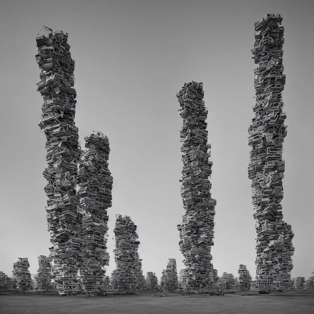 Image similar to two suspended towers made up of colourful makeshift squatter shacks, plain uniform sky at the back, misty, mamiya rb 6 7, ultra sharp, very detailed, photographed by zaha hadid