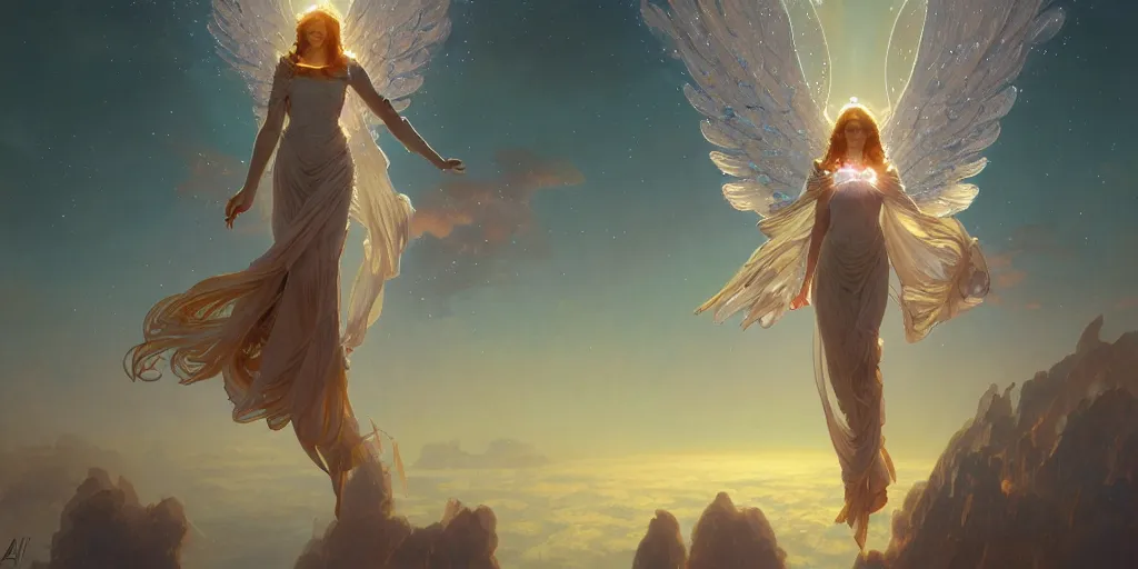 Image similar to robotic angel falling from heaven, girl, beautiful, intrinsicate detail, 4 5 degree angle, la creazione, cosmic clouds, unreal engine, redshift, sword, highly detailed, digital painting, artstation, concept art, sharp focus, illustration, art by greg rutkowski and alphonse mucha