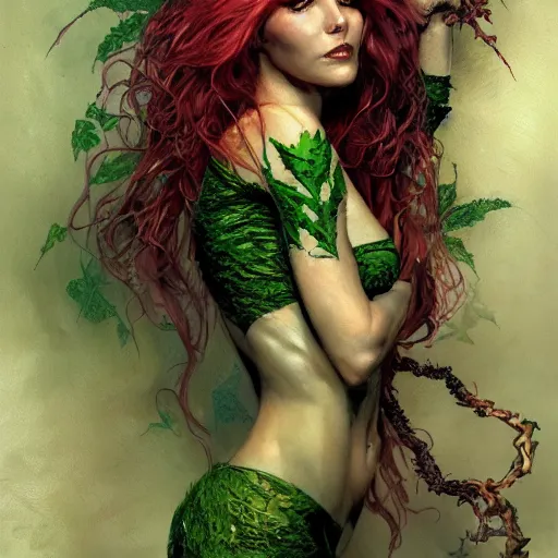 Image similar to poison ivy, fantasy character portrait, ultra realistic, concept art, intricate details, highly detailed, wide angle, by andrew robinson, gaston bussiere, craig mullins, simon bisley