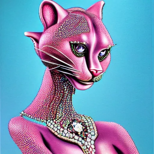 Image similar to a woman with a pink panther in her arms, wearing strong jewerly and crystals, surreal, art by peter lloyd, 1 9 8 0's art, airbrush style, art by hajime sorayama,, intricate, elegant, sharp focus, illustration, highly detailed, h 8 0 0