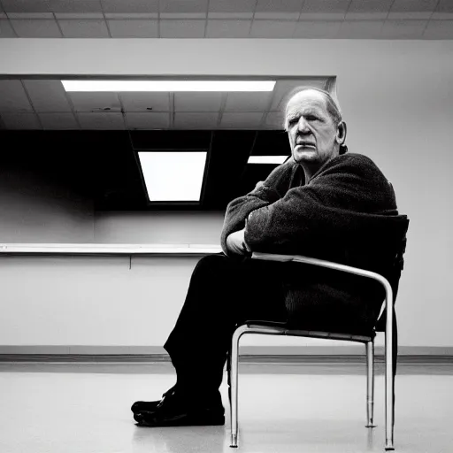 Image similar to wide angle portrait of werner herzog sitting alone in the waiting area of the dmv wearing a birthday hat. ultra wide angle, edward hopper, award winning, hyperrealistic, grand budapest hotel, studio lighting, very detailed face, chiaroscuro, film noir