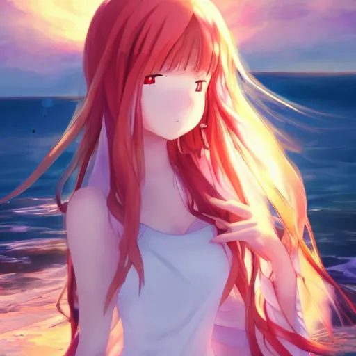 Prompt: beautiful anime girl in a long white dress on a beach. Red hair, dramatic lighting, trending on artstation. Pixiv, Yuru camp, manga cover