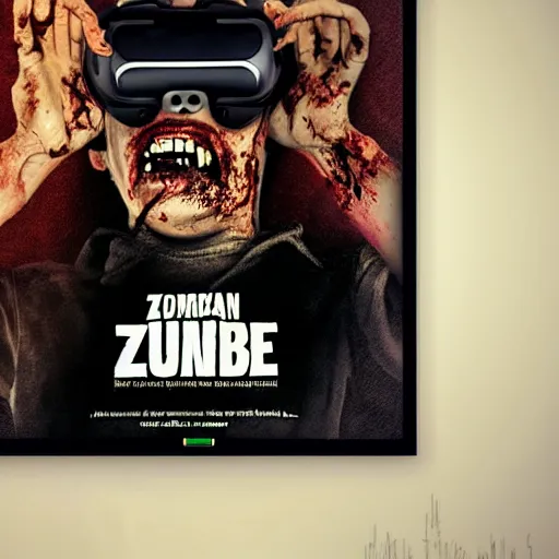 Image similar to zombie wearing vr, movie poster, text reads zombie