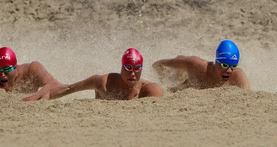 Image similar to olympic swimming in sand instead of water, extremely coherent, motion blur