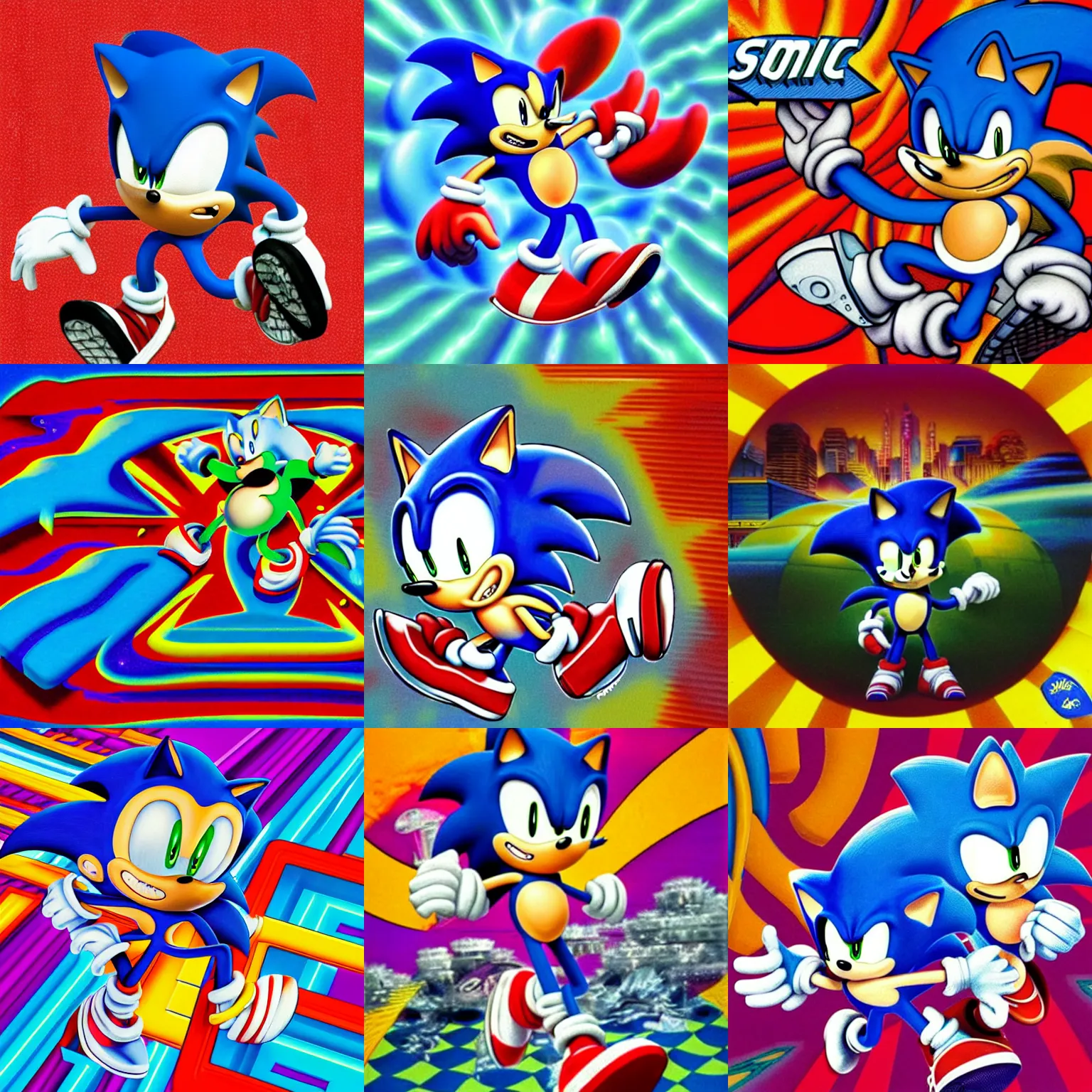 Prompt: retro game sonic advertisement in a surreal, faded, detailed professional, totally radical, high quality airbrush art shpongle album cover of a liquid dissolving lsd dmt sonic the hedgehog on a flat blue checkerboard plane, 1 9 9 0 s 1 9 9 2 prerendered graphics raytraced phong shaded album cover