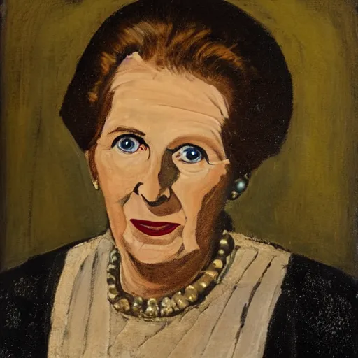 Image similar to margaret thatcher as a 1 2 th century peasant woman in england, painting, exhibited at british museum, oil on canvas, restored, art