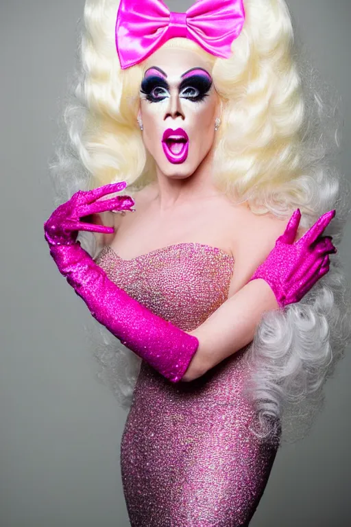 Prompt: 4k detailed portrait of a drag queen (man in drag with an expression of shock and surprise) wearing: heavy drag makeup, pink glitter mermaid gown, white satin gloves, huge blonde wig with bouffant hairdo and decorated with a pink oversized bow