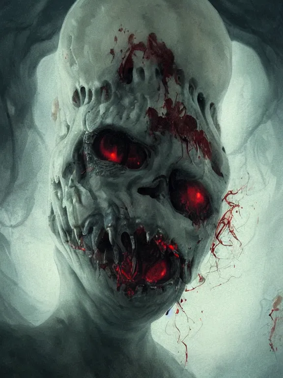 Prompt: painting by greg rutkowski of a flying sorrowful looking severed human head with tears running down it's eyes, face that is chalk white in color, with long sprawling white tentacles stemming down it's neck, fiery scorching red eyes, flying in a terrying hellish dark cavernous place