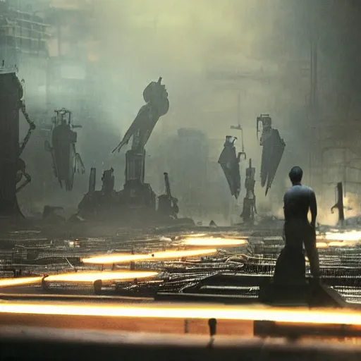 Image similar to mecha made from kitchen utensils, dark messy smoke - filled cluttered workshop, dark, dramatic lighting, orange tint, cinematic, highly detailed, sci - fi, futuristic, movie still from blade runner